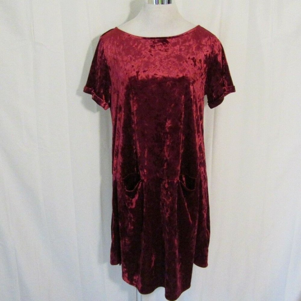 Cupio Womens Dress Large Short Sleeve Cuffed Crushed Velvet Burgundy Holiday $69